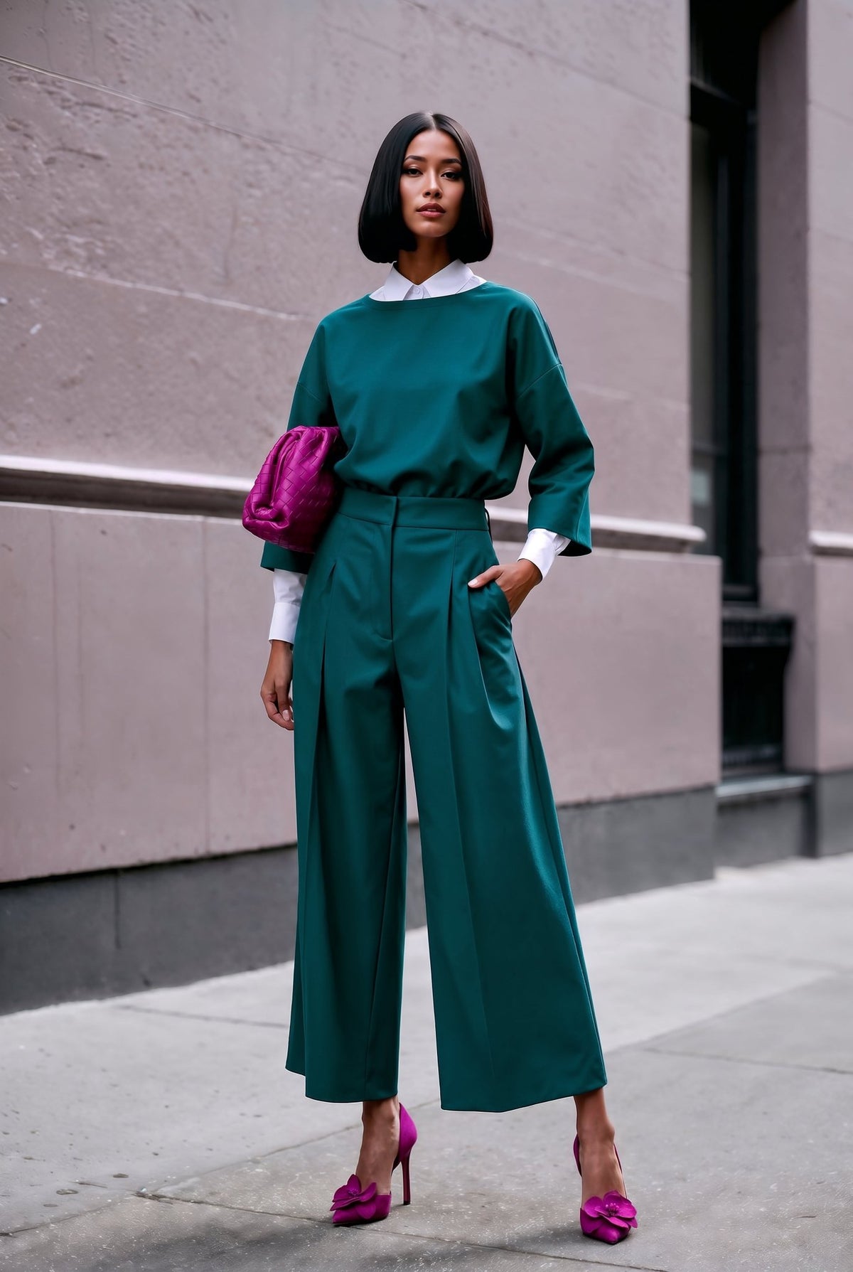 Jasmine teal Punto di Milano culotte set, front view