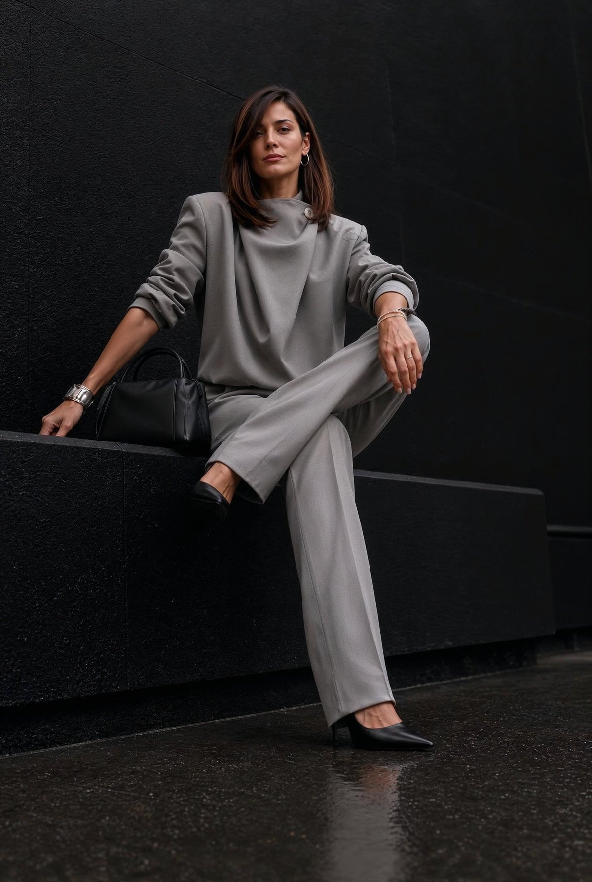Maelle grey tailored trouser set with straight-leg trousers, seated view