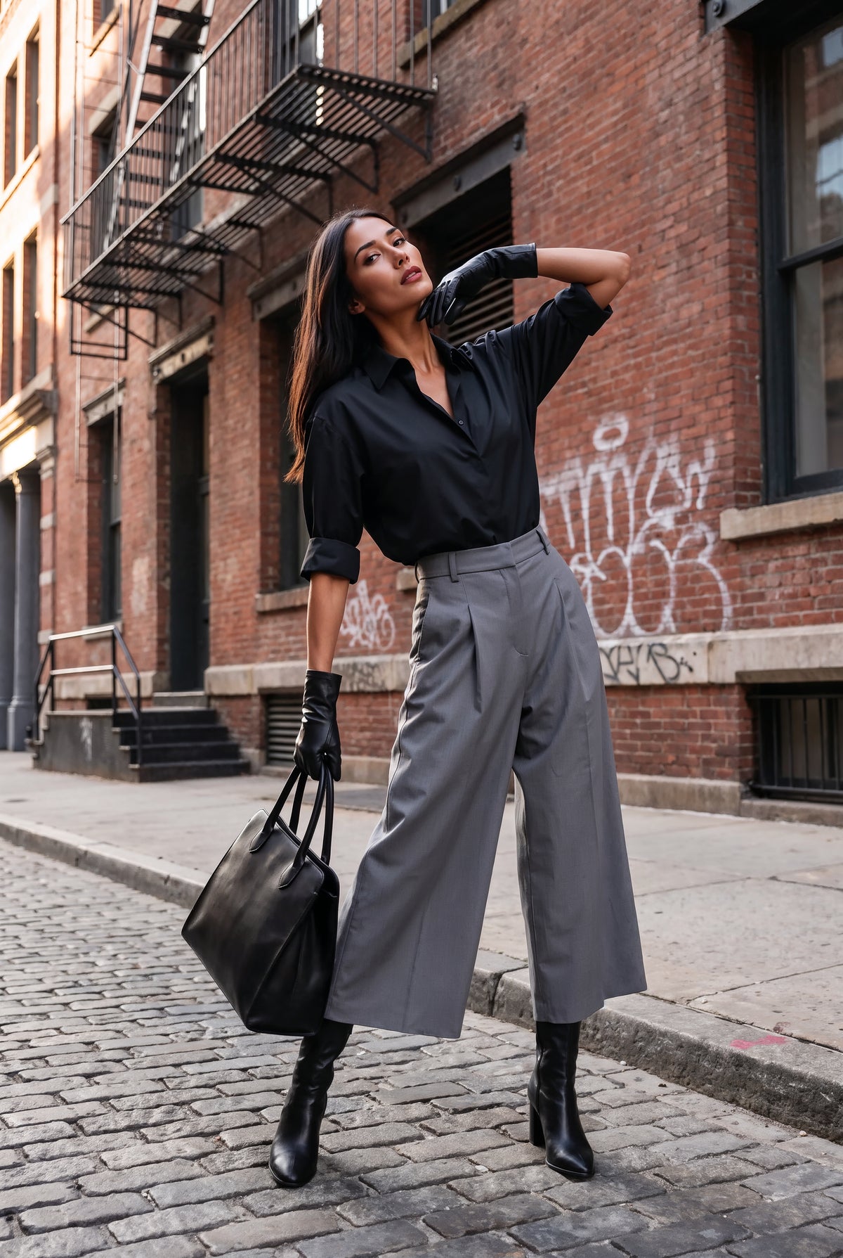 A woman with long dark hair wearing a black satin button-down shirt and purple trousers, standing against a gray brick wall.