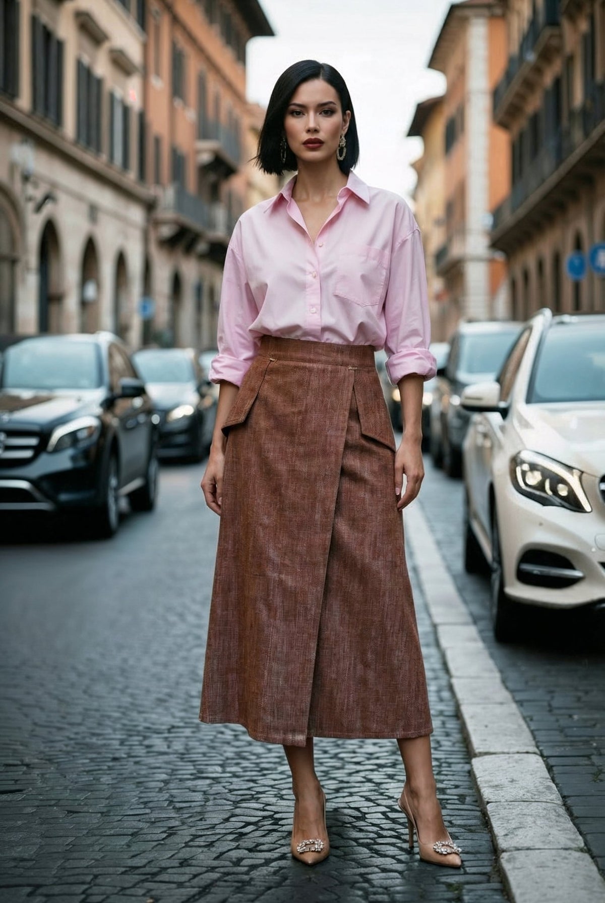Margot heathered brown denim midi skirt with faux-wrap front, worn with a pink shirt