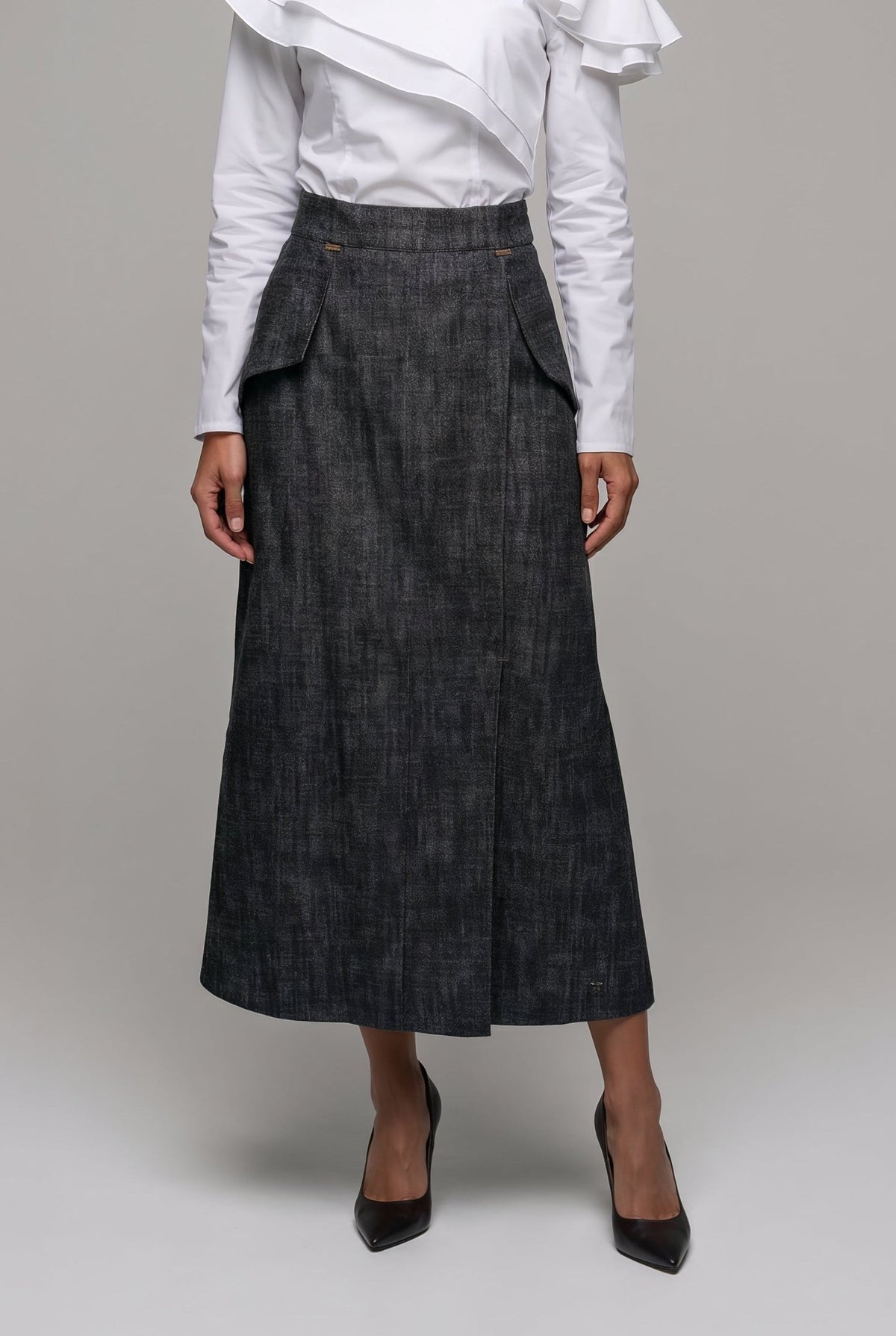 Margot heathered black denim midi skirt, back view