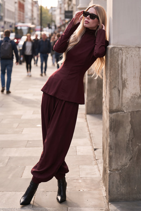 Bordeaux high-neck jacket and viscose twill fabric detail