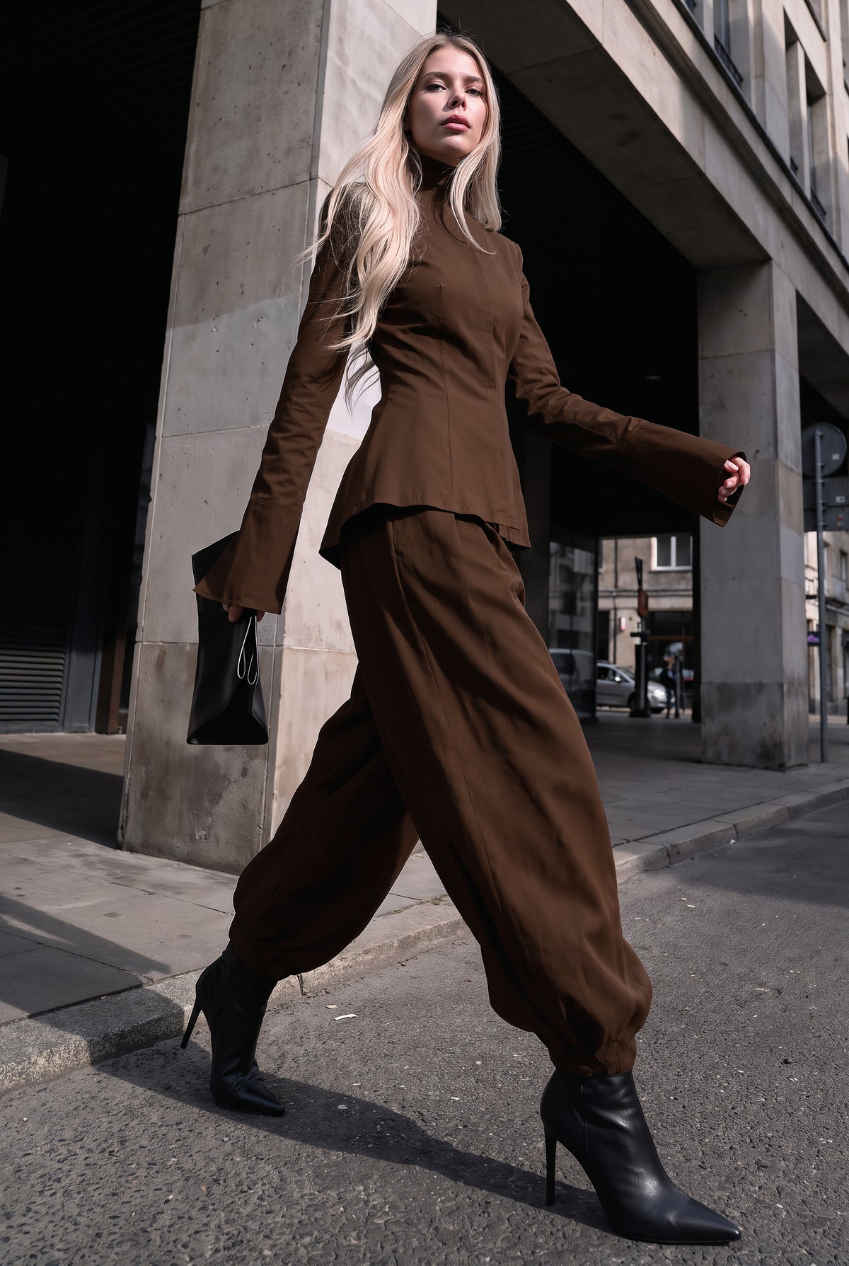 Metropolis coffee-brown wool-blend trouser set, front view