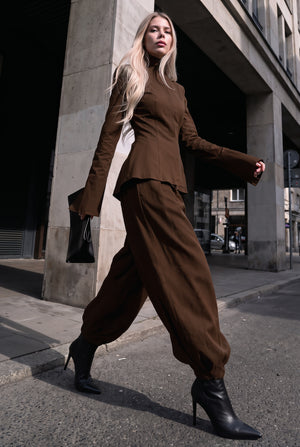 Coffee-brown high-neck jacket and wool-blend twill detail