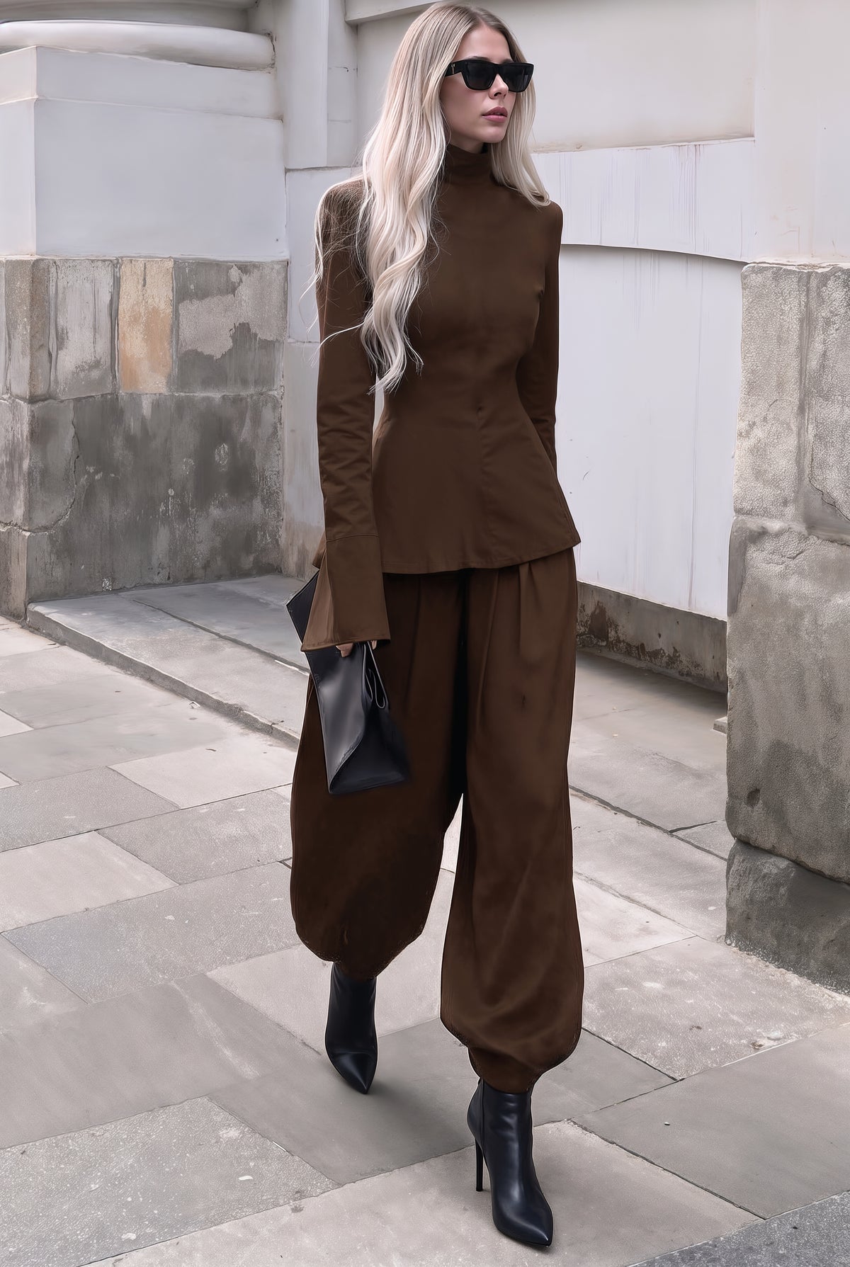 Metropolis coffee-brown wool-blend trouser set, front view