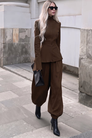 Metropolis coffee-brown wool-blend trouser set, front view