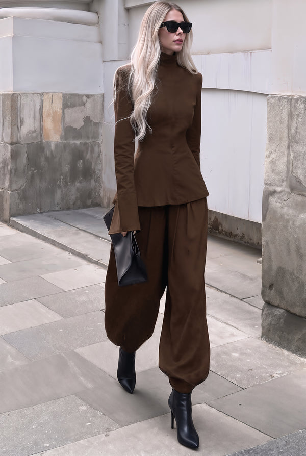 Metropolis coffee-brown wool-blend trouser set, front view