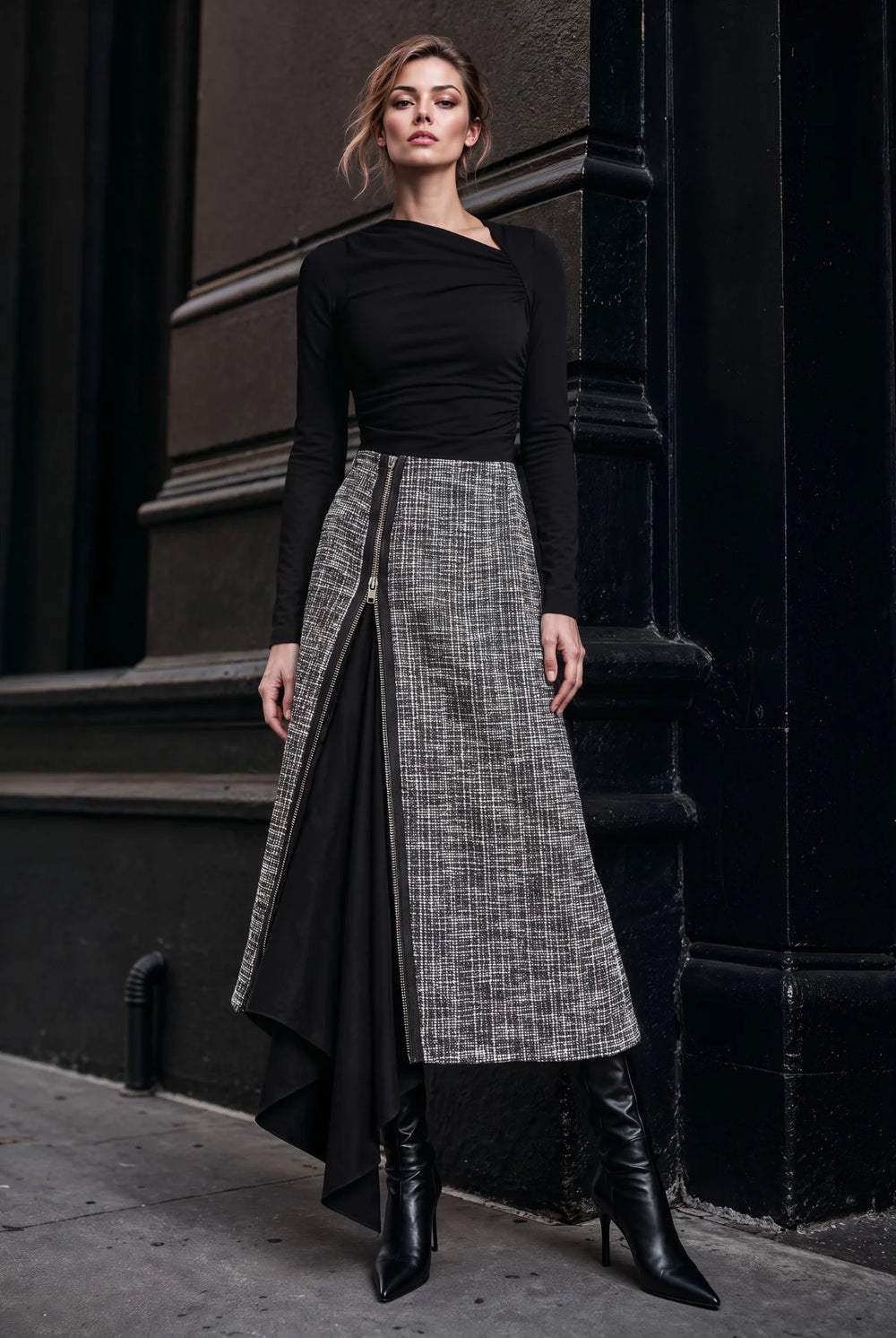 Milan black and white tweed zip midi skirt front view