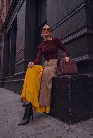  Milan brown checked tweed midi skirt with mustard draped panel, front view