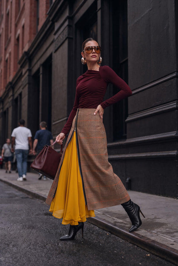 Milan brown checked zip midi skirt with flowing mustard insert, side view
