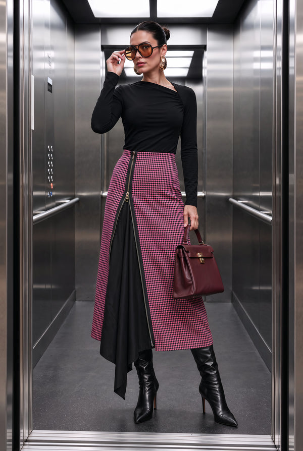 Pink and black houndstooth twill, exposed zip and black draped panel detail