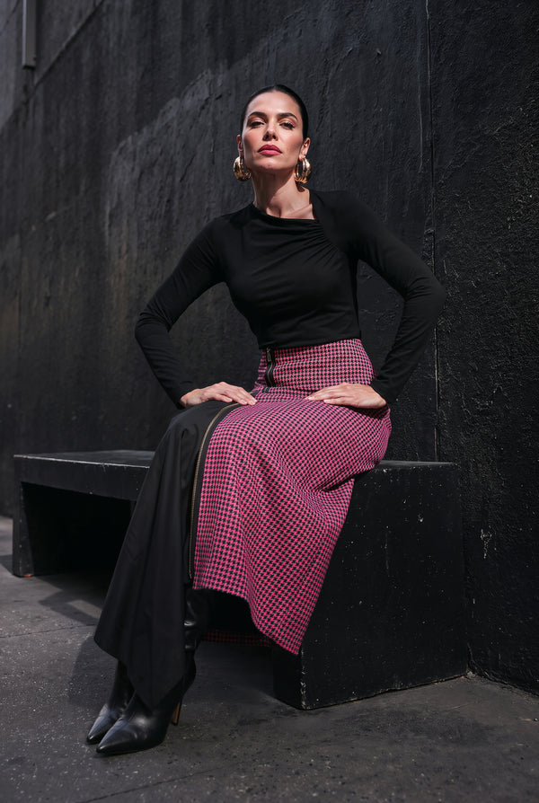 Milan houndstooth midi skirt with structured A-line silhouette, side view