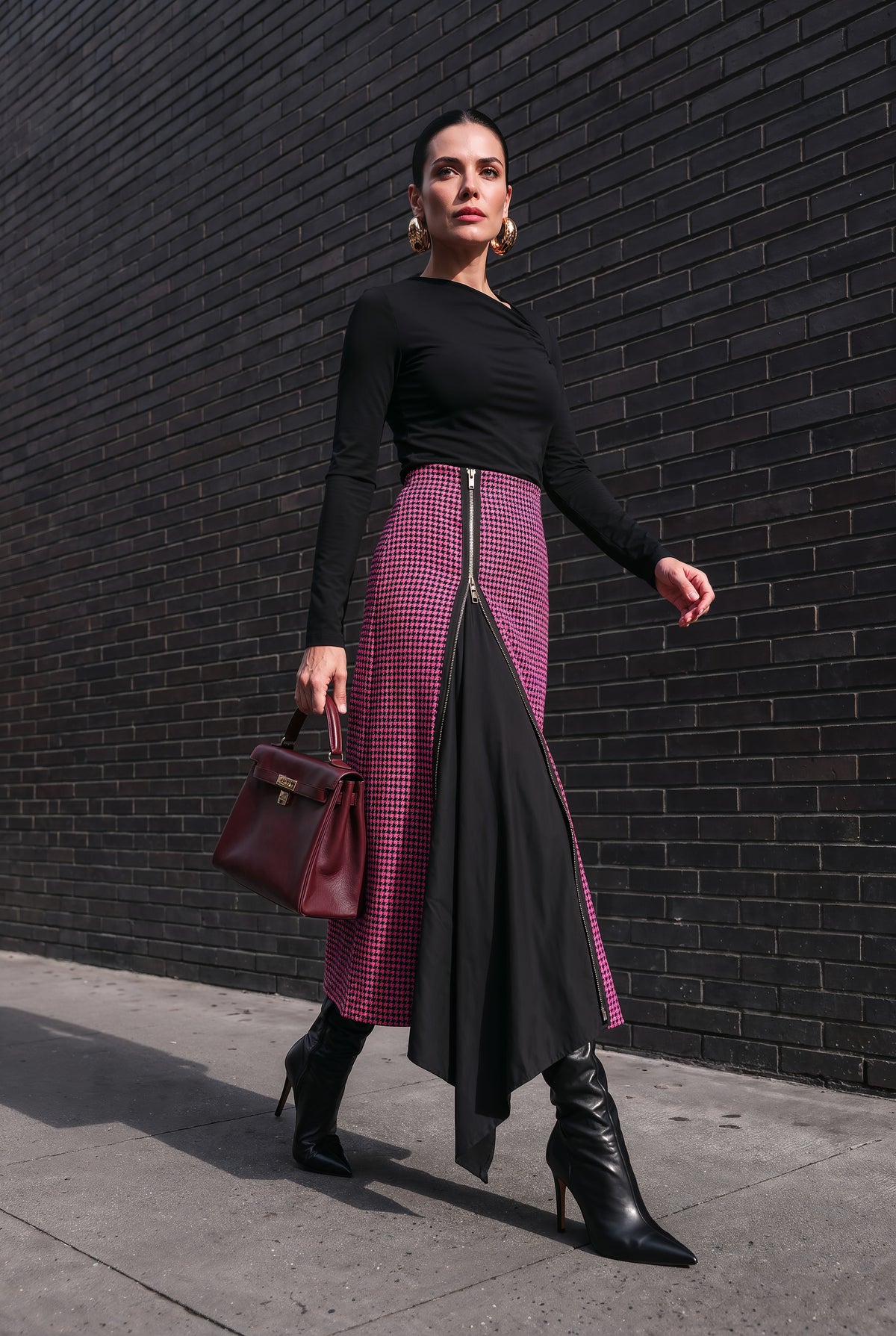 Milan pink and black houndstooth wool-blend midi skirt with exposed front zip