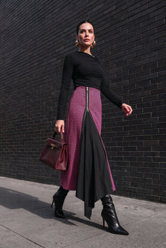 Milan pink and black houndstooth wool-blend midi skirt with exposed front zip