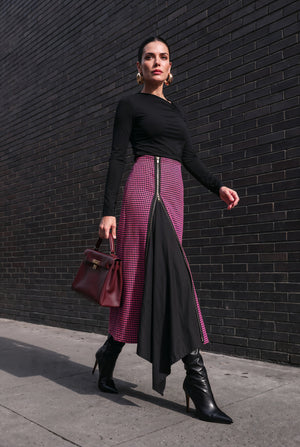Milan pink and black houndstooth wool-blend midi skirt with exposed front zip