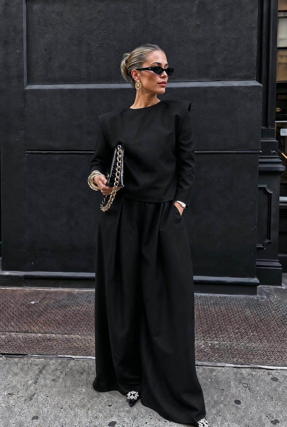 Monaco black twill trouser set with structured shoulder top, full front view