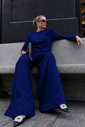 Monaco cobalt blue twill trouser set with wide-leg trousers, seated view