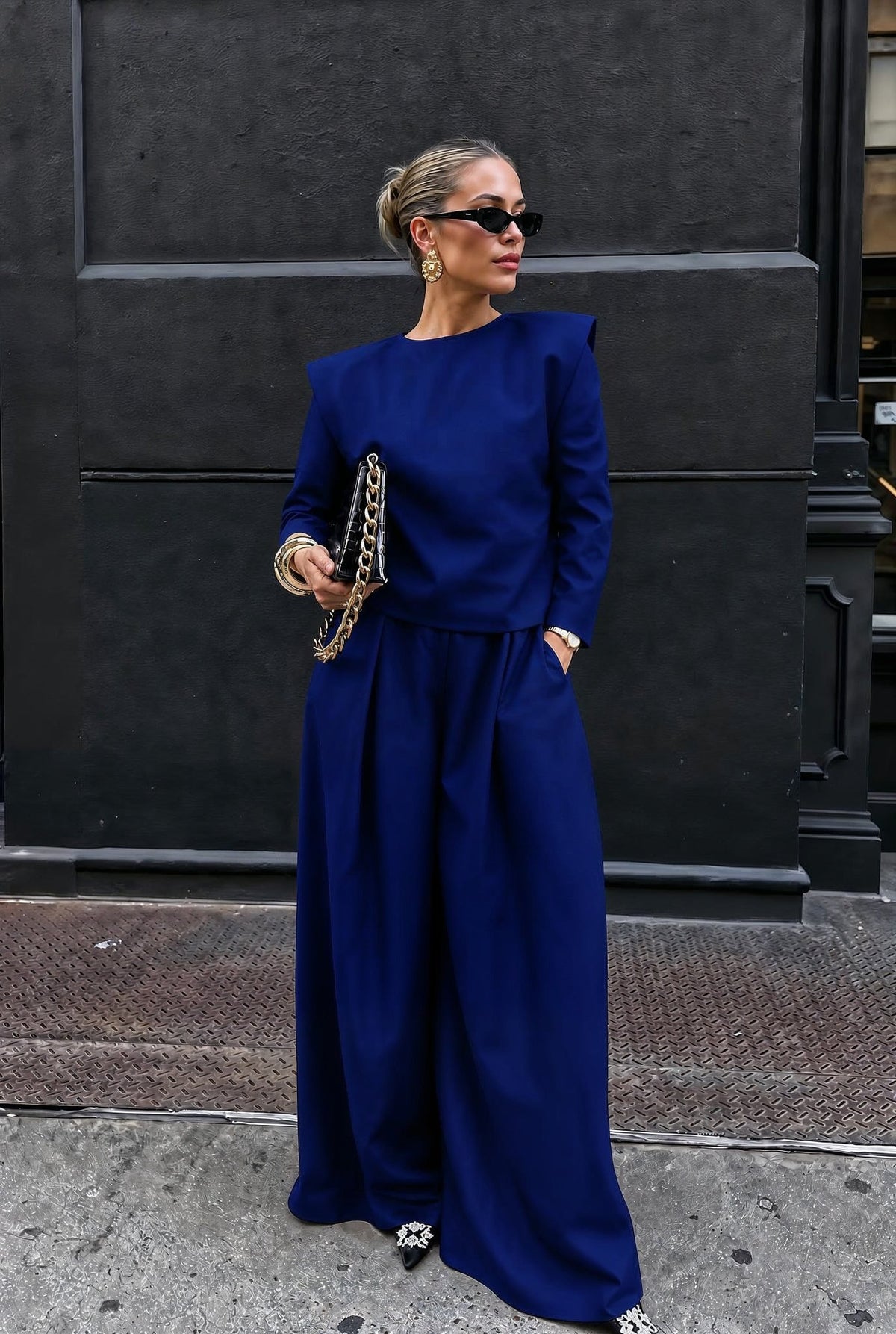 Monaco cobalt blue wide-leg trouser set, full front view