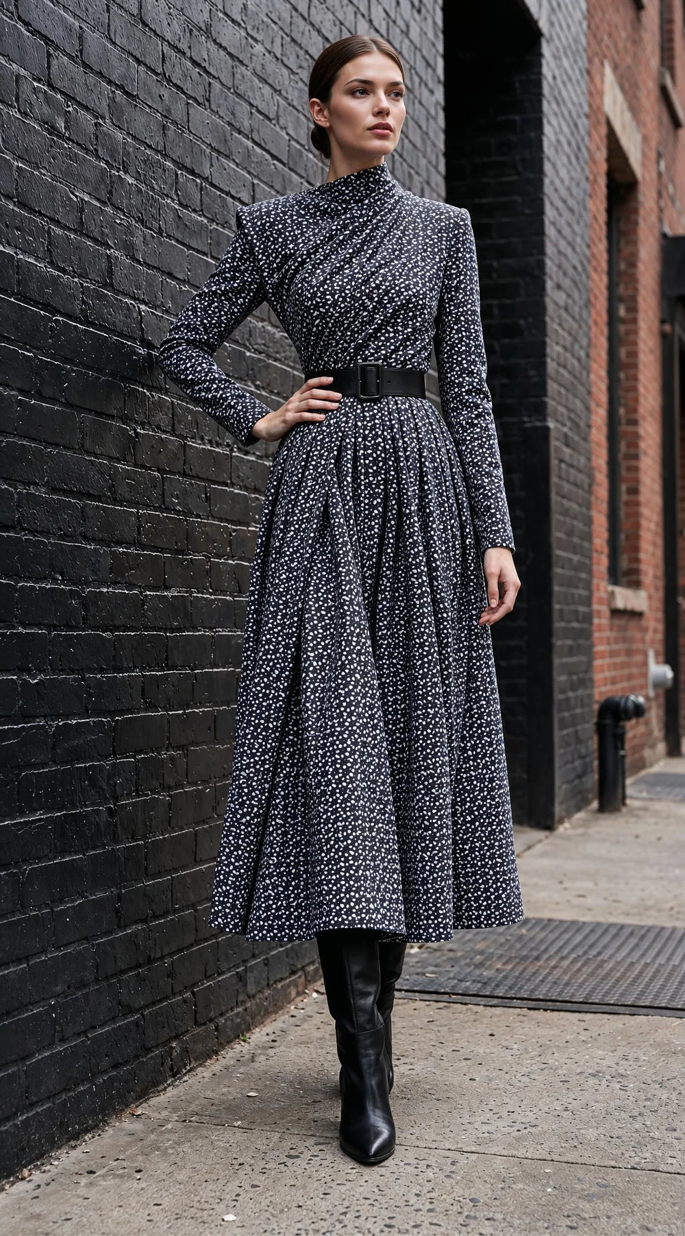 Paris Navy Blue and White Patterned Midi Dress