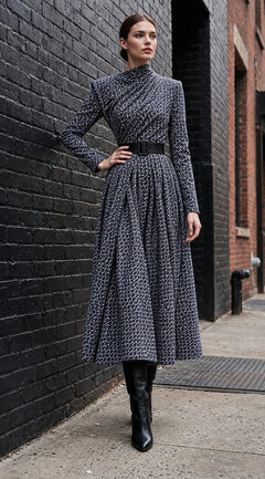 Paris Navy Blue and White Patterned Midi Dress