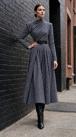 Paris Navy Blue and White Patterned Midi Dress
