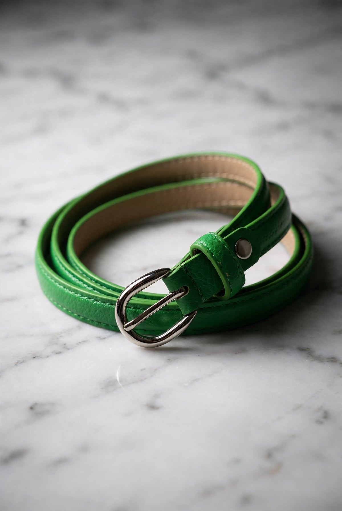 Original green slim leather belt with silver-tone buckle