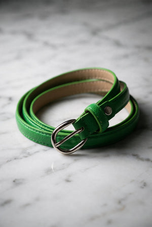 Original green slim leather belt with silver-tone buckle