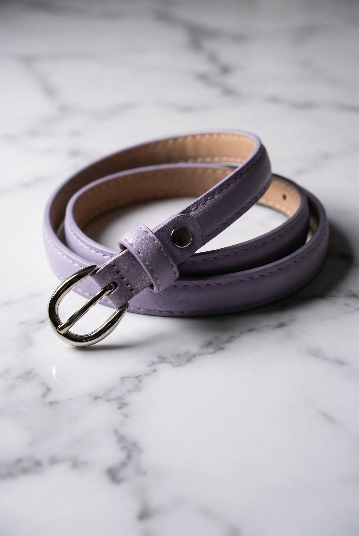 Original lavender slim leather belt with silver-tone buckle