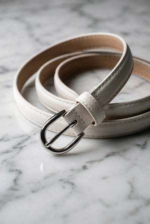 Original white slim leather belt with silver-tone buckle