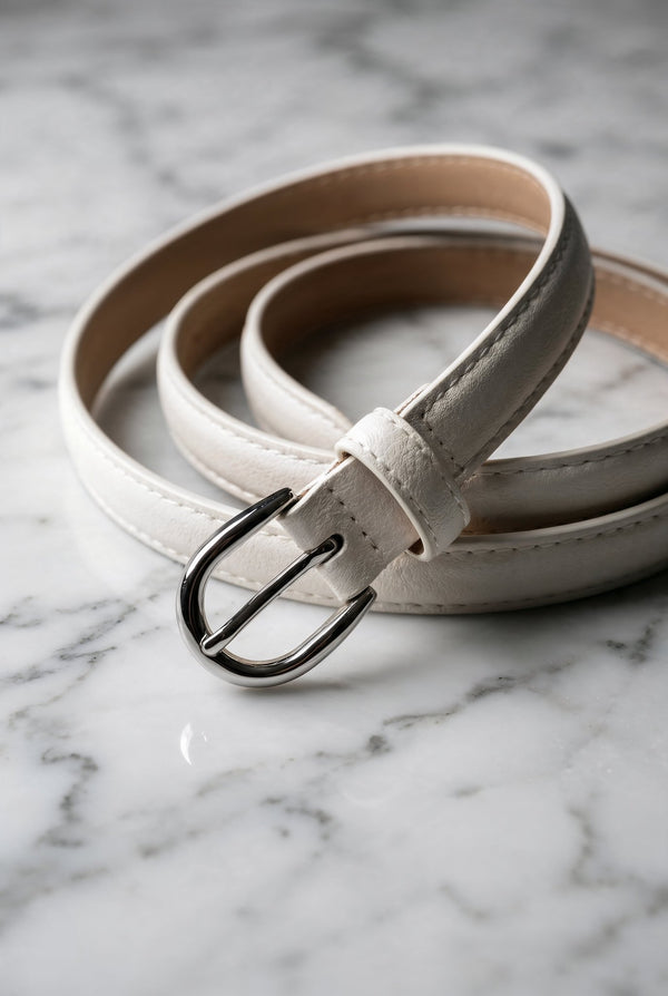 Original white slim leather belt with silver-tone buckle
