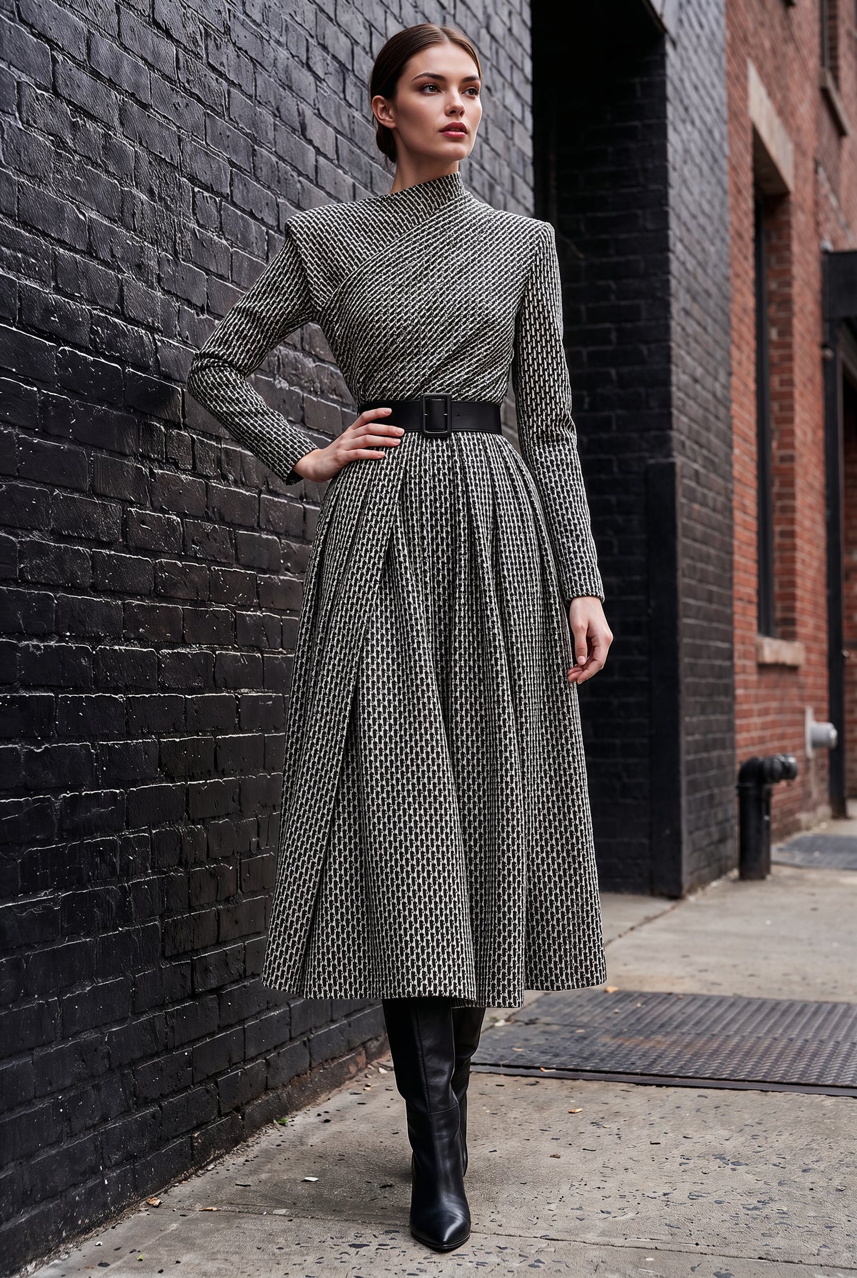 A woman stands on a city sidewalk against a black brick wall, wearing a long-sleeve midi dress with a black and gray geometric pattern, a black belt, and black knee-high boots.