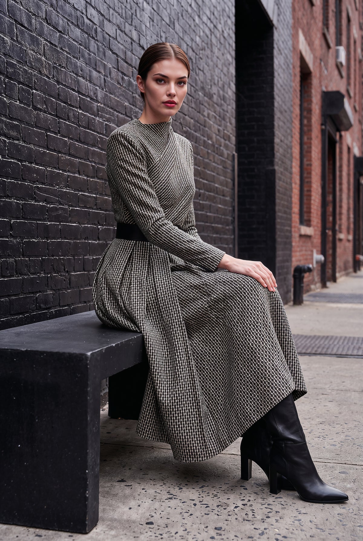 A woman sits on a black bench in an urban alleyway, wearing a long-sleeve, high-neck midi dress with a textured black and beige geometric pattern, a thin black waist belt, and black heeled ankle boots.
