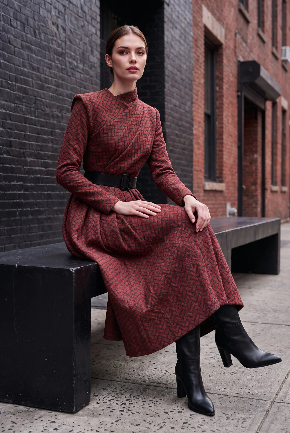 Paris Red and Black Geometric Midi Dress