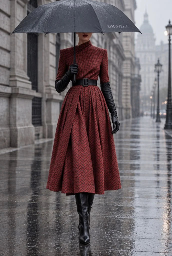 Paris Red and Black Geometric Midi Dress