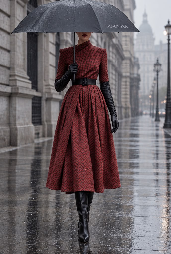 A woman walking in the rain on a city street wearing a long-sleeved red and black patterned midi dress with a high neck, black belt, and black gloves, holding a black umbrella with the brand name SIMONSKA visible.