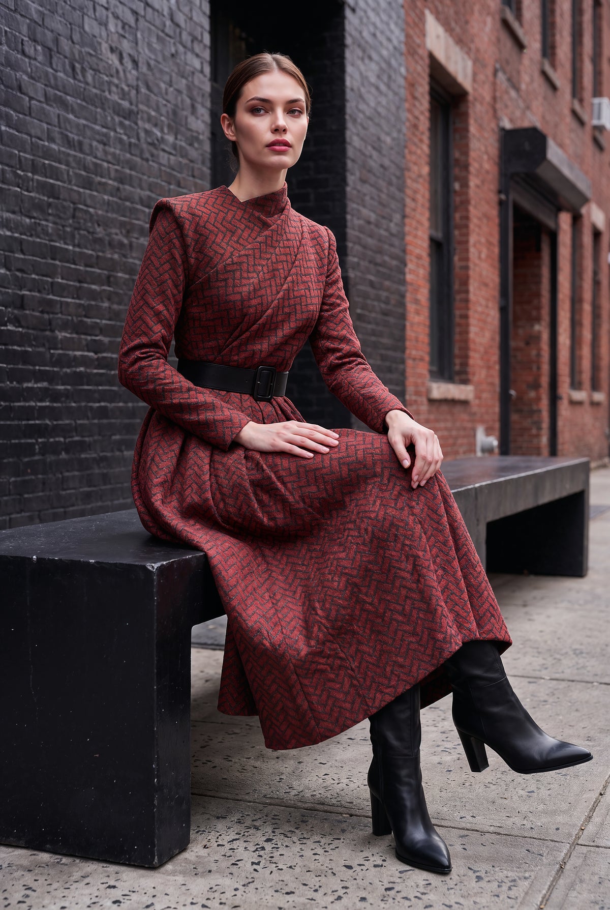 A woman sits on a black bench outdoors against a brick building, wearing a long-sleeve midi dress with a textured herringbone pattern in dark red and black, a black belt, and black ankle boots.