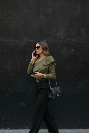  Sophie olive green architectural poplin top with layered folds, side view