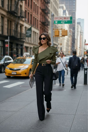 Sophie olive green cotton-poplin top with sculptural asymmetric neckline, front view