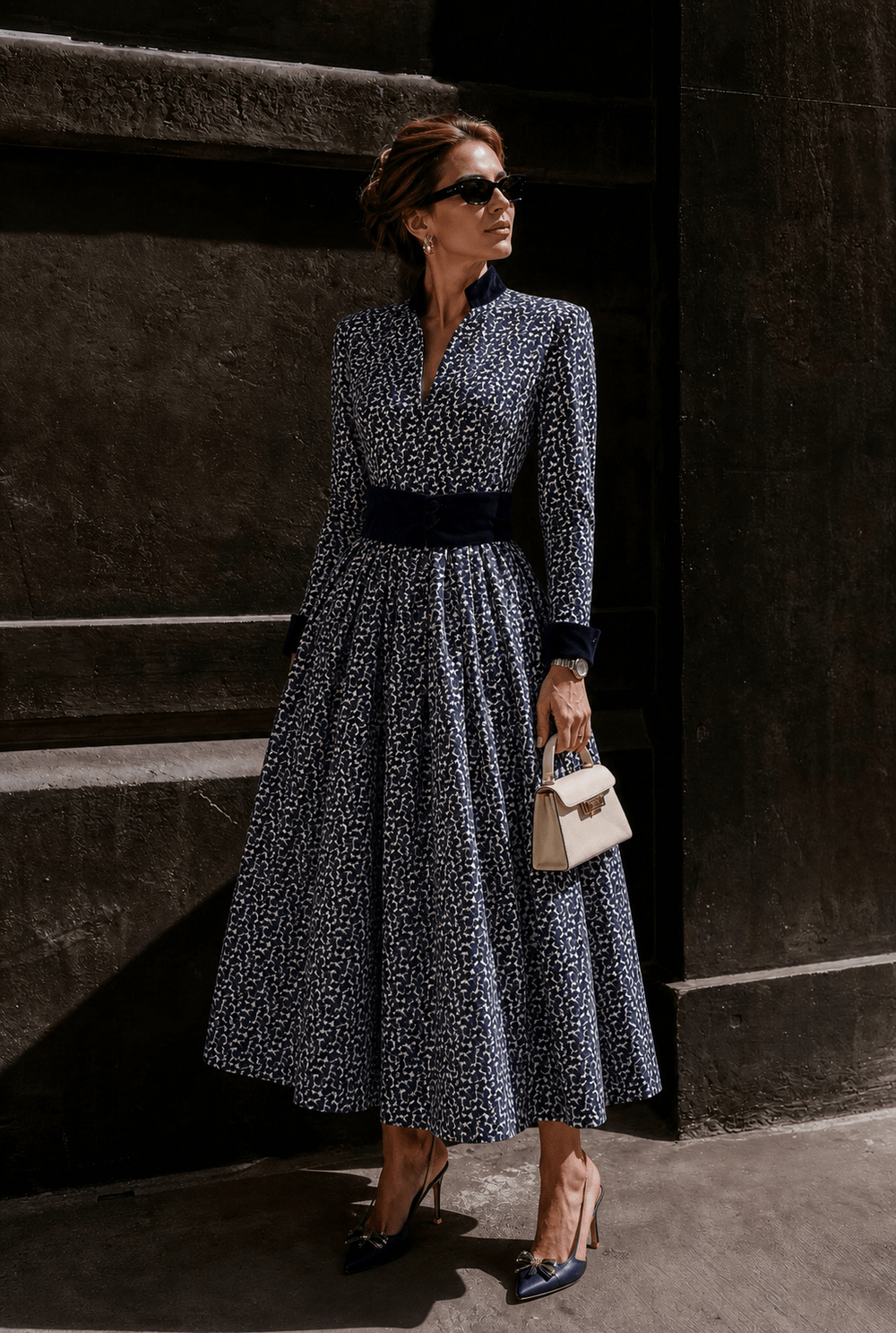 Sorrento midnight navy jacquard midi dress with pleated skirt, seated view