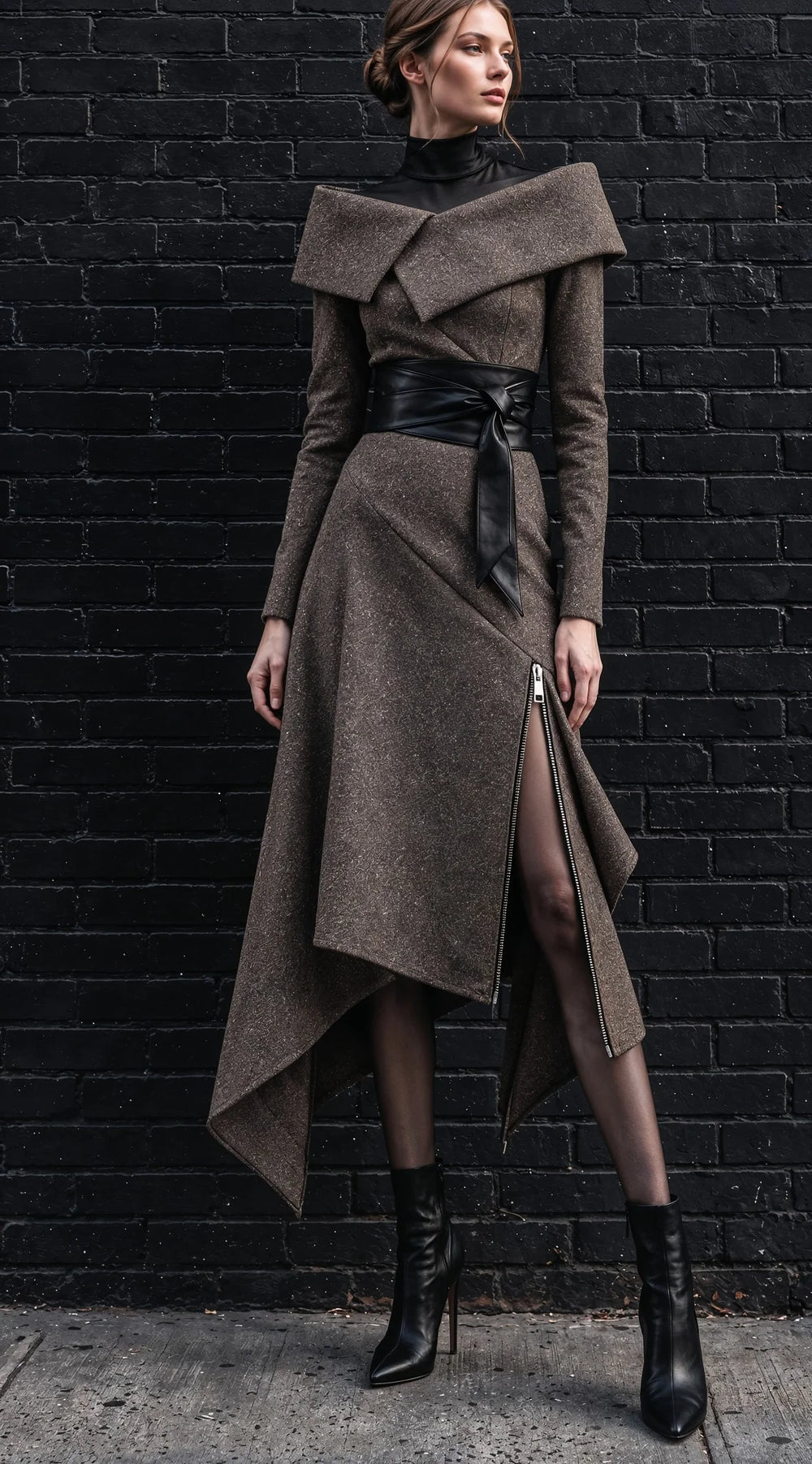 Tokyo Brown Tweed Asymmetric Midi Dress