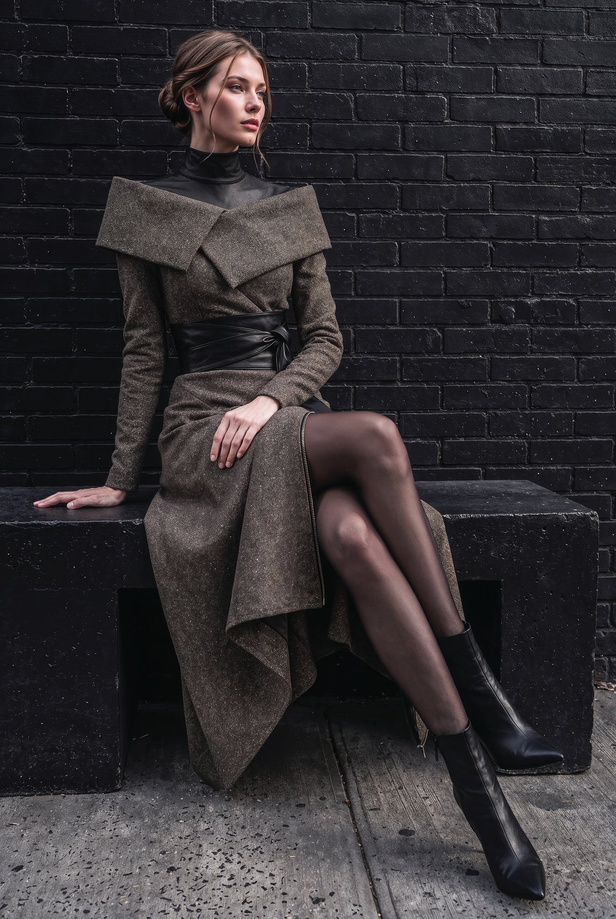 Tokyo brown dress sculptural folded neckline and black leather belt
