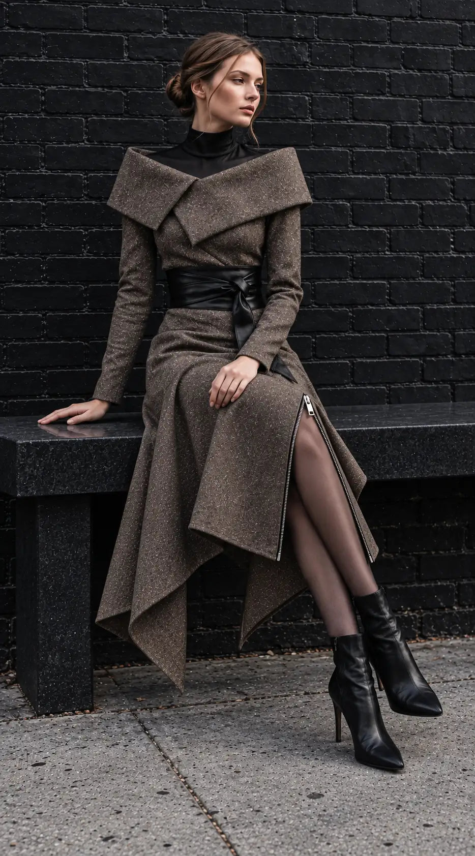 Tokyo Brown Tweed Asymmetric Midi Dress
