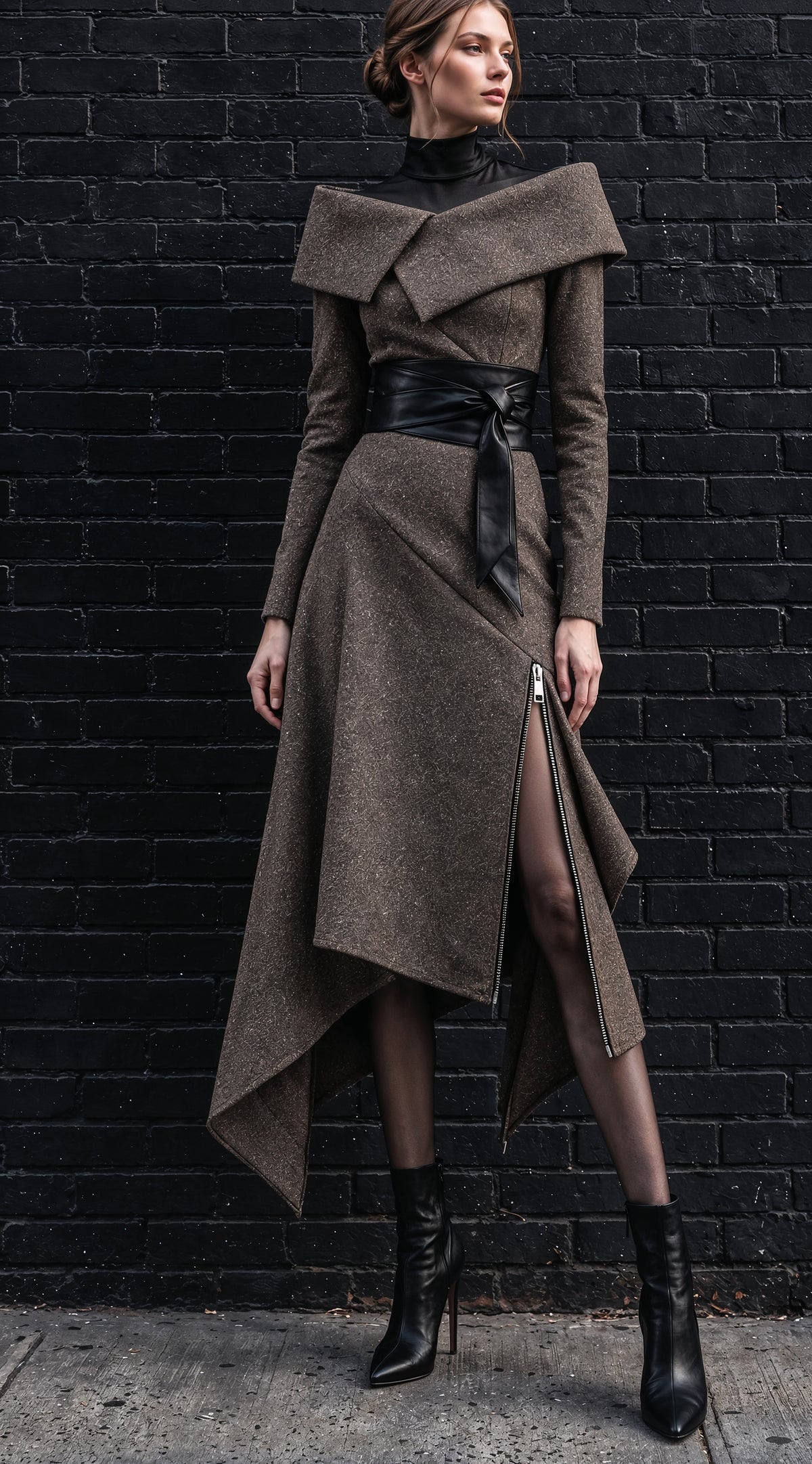 Tokyo brown tweed asymmetric midi dress, front view