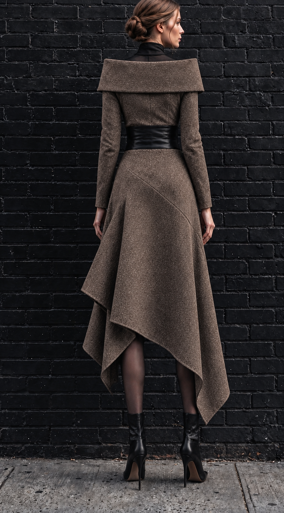 A model from behind wearing a brown asymmetrical long-sleeve coat with a wide collar and a black belt, standing against a black brick wall.