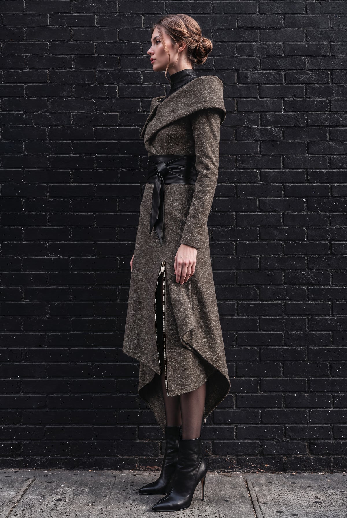 A model stands in profile against a black brick wall wearing a long, oversized brown coat with a wide lapel, black belt, and asymmetrical hem, paired with black ankle boots.