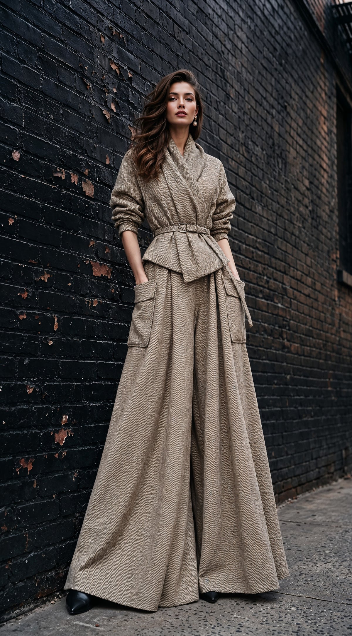 A woman stands against a dark brick wall wearing a long, wide-leg beige coat or jumpsuit with a belted waist and large front patch pockets.