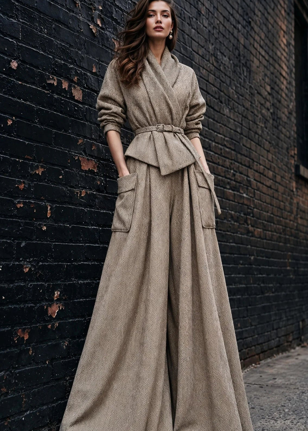 Vienna Beige Herringbone Palazzo Trouser Set