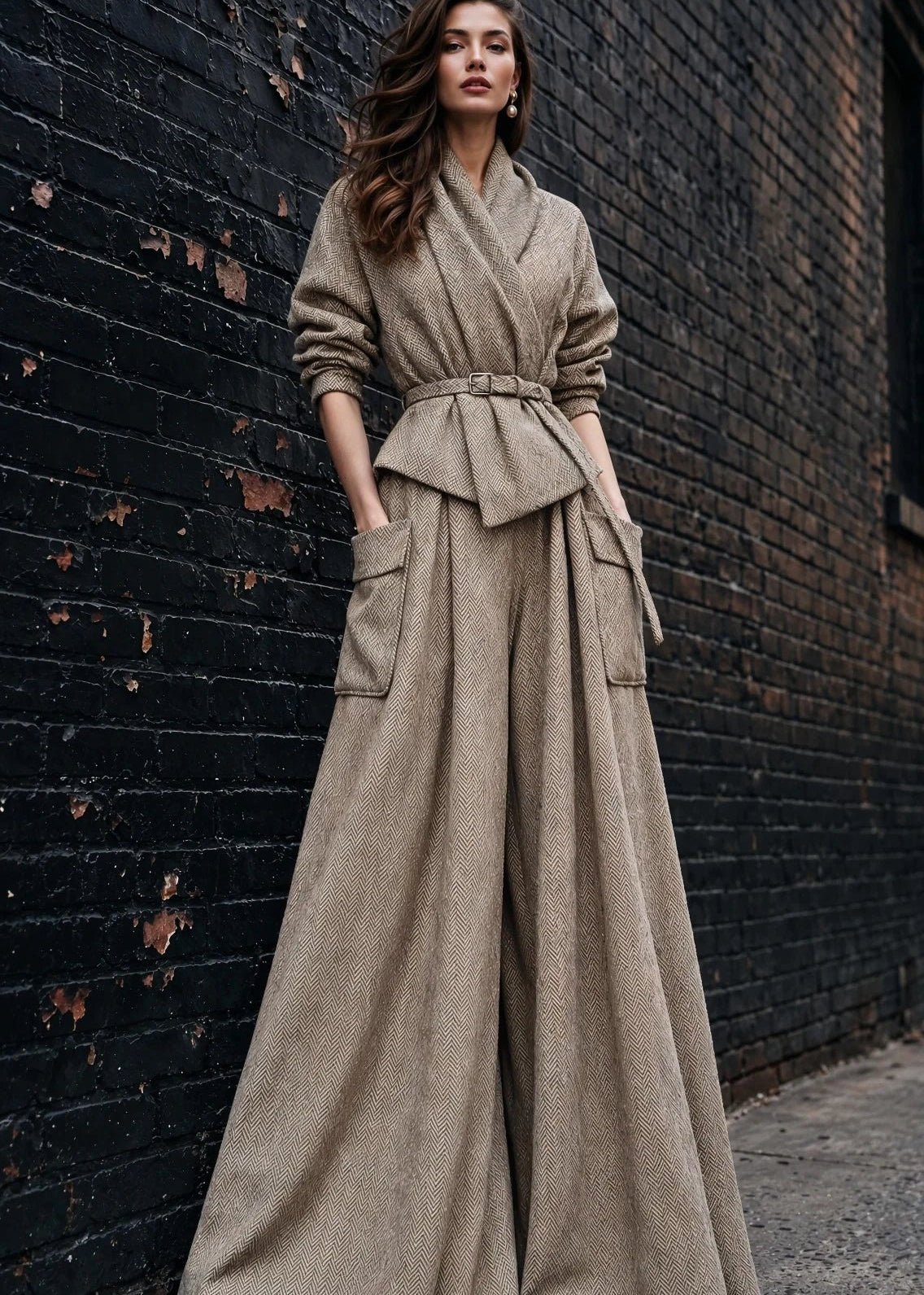 Vienna Beige Herringbone Palazzo Trouser Set