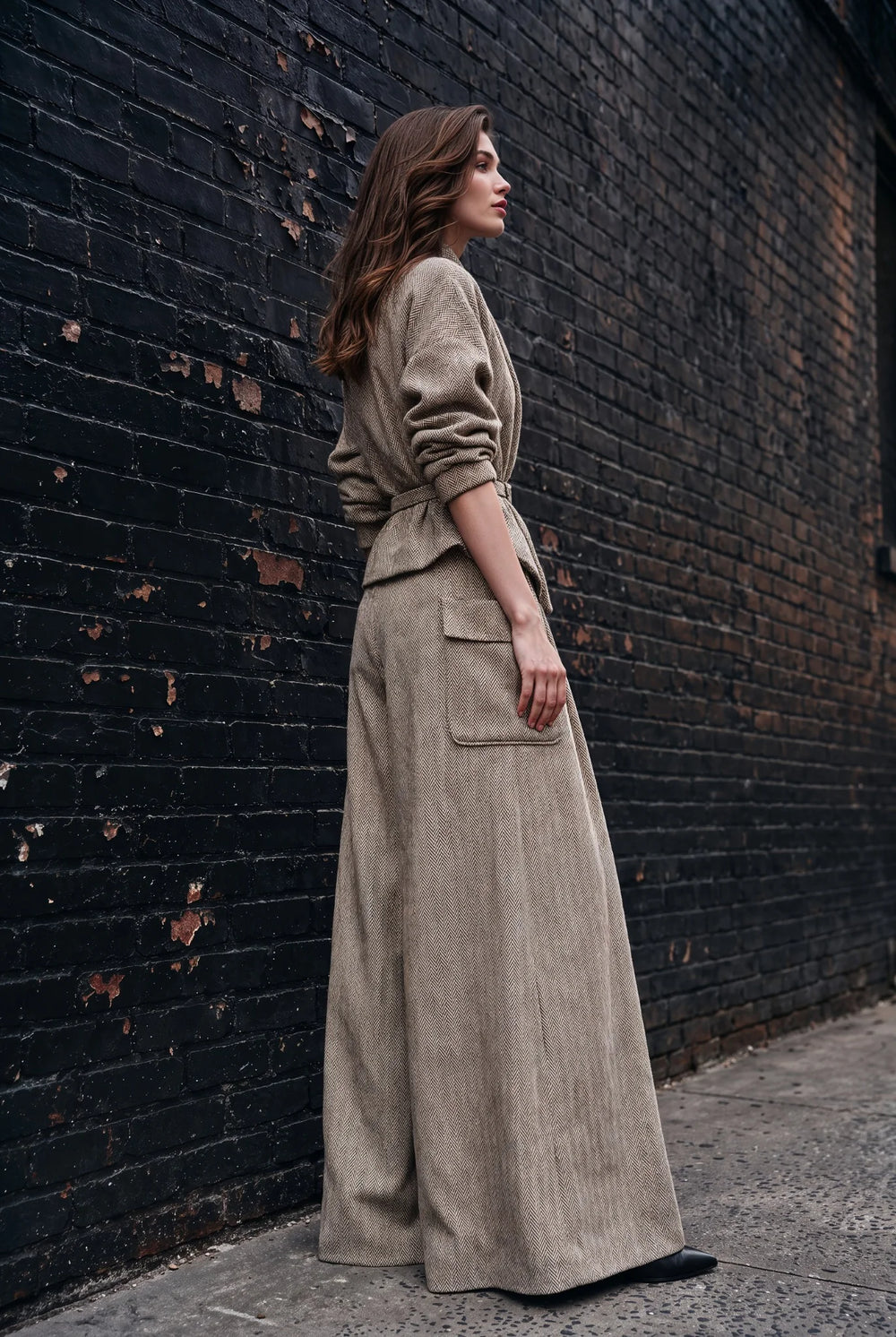 Vienna Beige Herringbone Palazzo Trouser Set