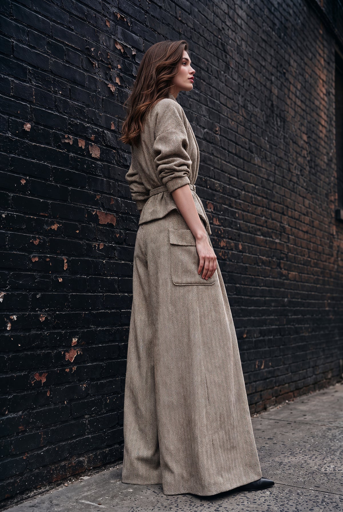 A woman stands in profile against a dark brick wall, wearing a long taupe-beige belted jacket and matching wide-leg trousers.